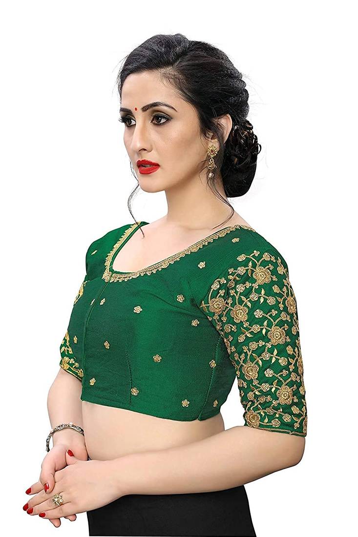 Dark-Green Colour Rose Flower Embroidery and Sequins Work Design Phantom Silk Readymade Blouse Saree For Lehenga Choli