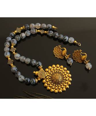 Beautiful Gold Tone Grey Agates Designer Necklace Set Dj28143 1