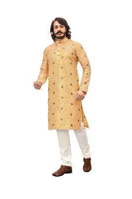Yellow embroidered art silk kurta-pajama 1