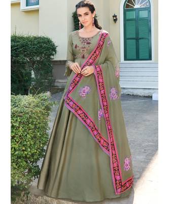 Olive Silk Blend Anarkali Salwar Kameez 1