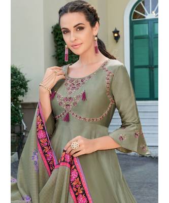 Olive Silk Blend Anarkali Salwar Kameez 2