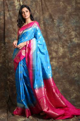 Sky blue woven silk saree with blouse 1