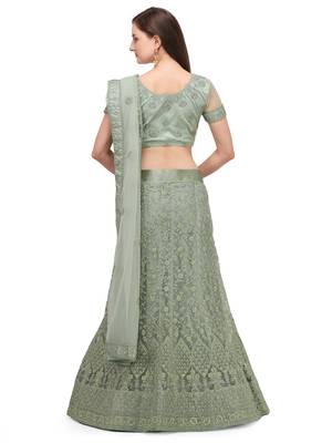 Green embroidered net semi stitched lehenga 2