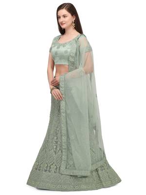Green embroidered net semi stitched lehenga 1