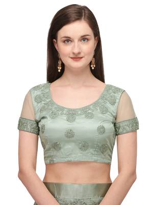 Green embroidered net semi stitched lehenga 3