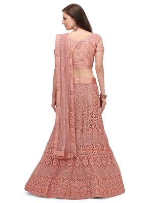 Peach embroidered net semi stitched lehenga 1