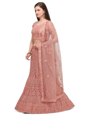 Peach embroidered net semi stitched lehenga 2