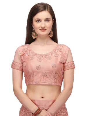 Peach embroidered net semi stitched lehenga 3