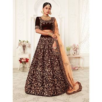 Maroon thread embroidery velvet semi stitched lehenga 1