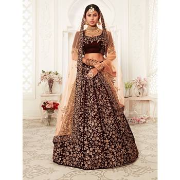 Maroon thread embroidery velvet semi stitched lehenga 2
