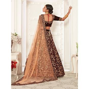 Maroon thread embroidery velvet semi stitched lehenga 3