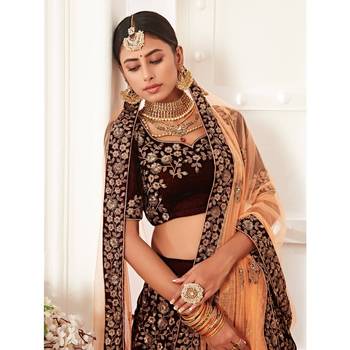 Maroon thread embroidery velvet semi stitched lehenga 4
