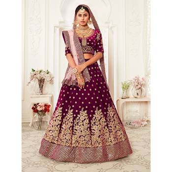 Purple thread embroidery velvet semi stitched lehenga 1