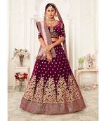 Purple thread embroidery velvet semi stitched lehenga