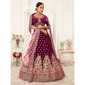 Purple thread embroidery velvet semi stitched lehenga 2