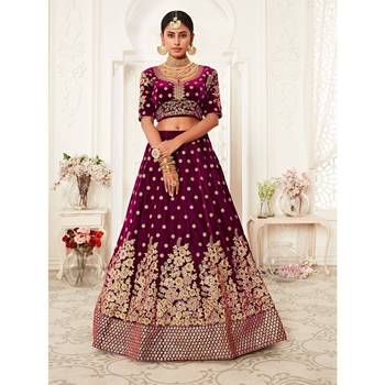 Purple thread embroidery velvet semi stitched lehenga 4