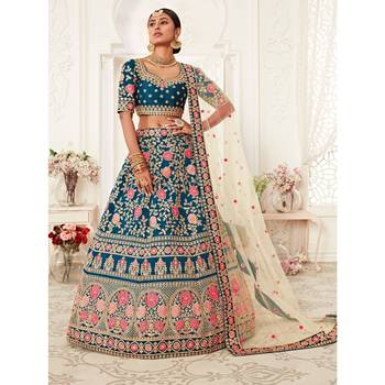 Blue thread embroidery silk semi stitched lehenga 1