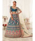 Blue thread embroidery silk semi stitched lehenga