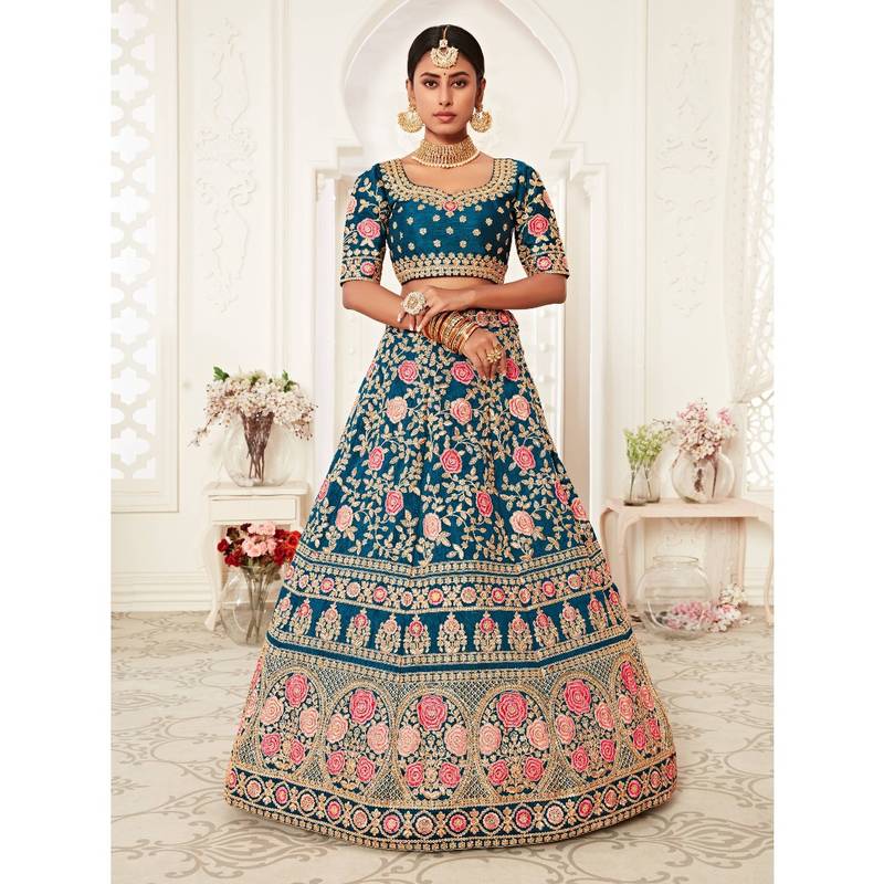 Blue thread embroidery silk semi stitched lehenga