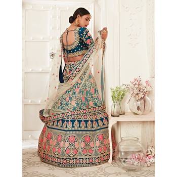 Blue thread embroidery silk semi stitched lehenga 3