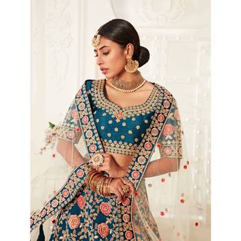 Blue thread embroidery silk semi stitched lehenga 4