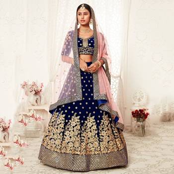 Navy-blue thread embroidery velvet semi stitched lehenga 1
