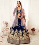 Navy-blue thread embroidery velvet semi stitched lehenga