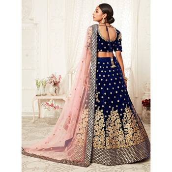 Navy-blue thread embroidery velvet semi stitched lehenga 2