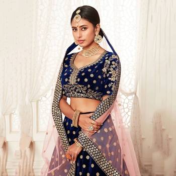 Navy-blue thread embroidery velvet semi stitched lehenga 3