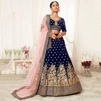 Navy-blue thread embroidery velvet semi stitched lehenga 4