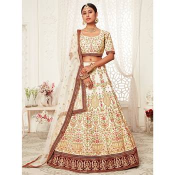Off-white thread embroidery art silk semi stitched lehenga 1