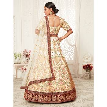 Off-white thread embroidery art silk semi stitched lehenga 2