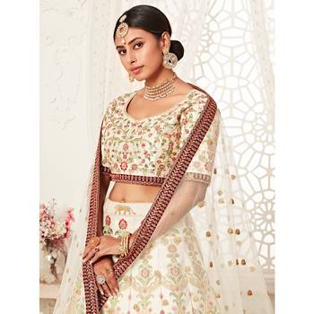 Off-white thread embroidery art silk semi stitched lehenga 3