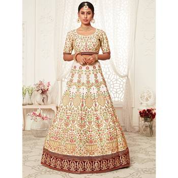 Off-white thread embroidery art silk semi stitched lehenga 4