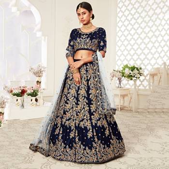 Navy-blue thread embroidery velvet semi stitched lehenga 1
