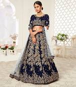 Navy-blue thread embroidery velvet semi stitched lehenga