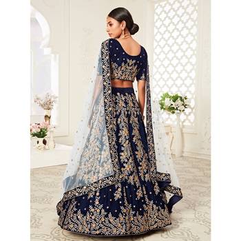 Navy-blue thread embroidery velvet semi stitched lehenga 2