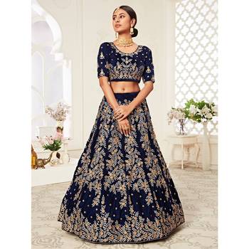 Navy-blue thread embroidery velvet semi stitched lehenga 3