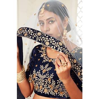 Navy-blue thread embroidery velvet semi stitched lehenga 4