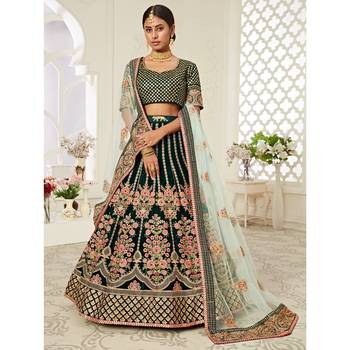 Green thread embroidery velvet semi stitched lehenga 1