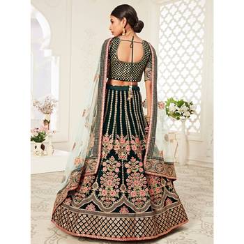 Green thread embroidery velvet semi stitched lehenga 2