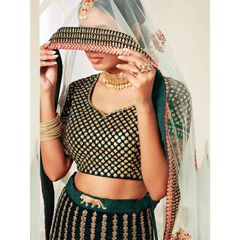 Green thread embroidery velvet semi stitched lehenga 3