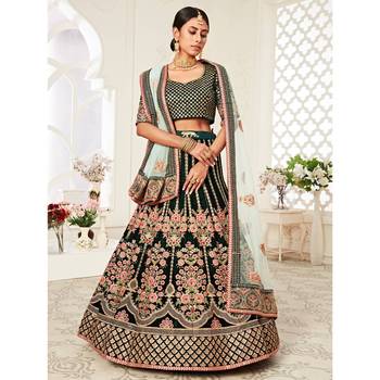 Green thread embroidery velvet semi stitched lehenga 4