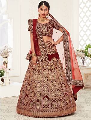 Red thread embroidery velvet semi stitched lehenga 1