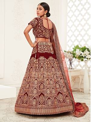 Red thread embroidery velvet semi stitched lehenga 2
