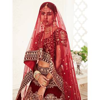 Red thread embroidery velvet semi stitched lehenga 3