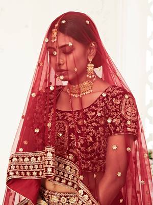 Red thread embroidery velvet semi stitched lehenga 4