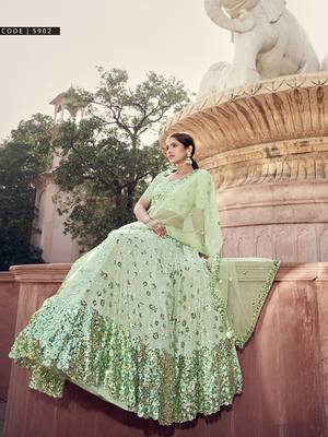 Light-green embroidered net semi stitched lehenga 2