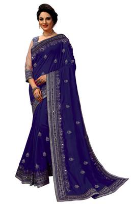 Trendmalls  Embroidery Bollywood Satin Chiffon and Blue   Traditional Wedding Party Wear Bridal Saree With Blouse   1