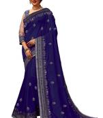 Trendmalls  Embroidery Bollywood Satin Chiffon and Blue   Traditional Wedding Party Wear Bridal Saree With Blouse  